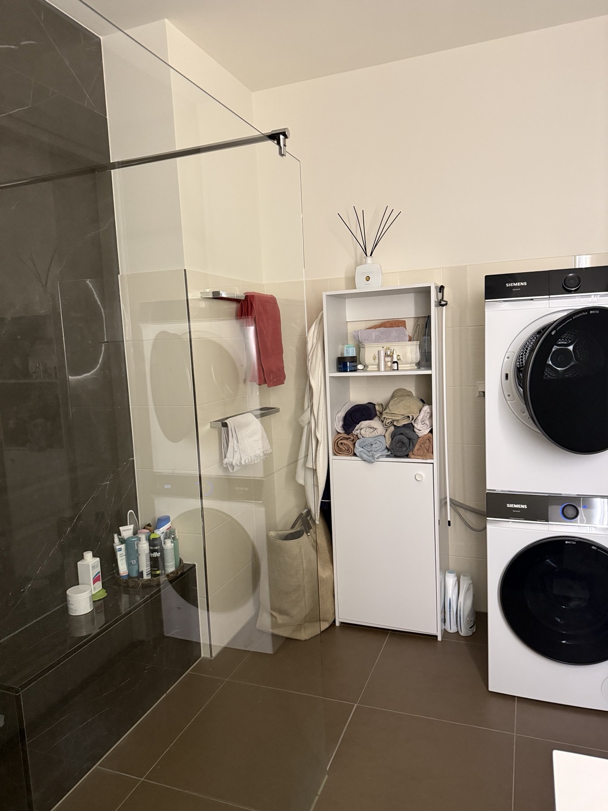 Bathroom shower and stacked washer/dryer