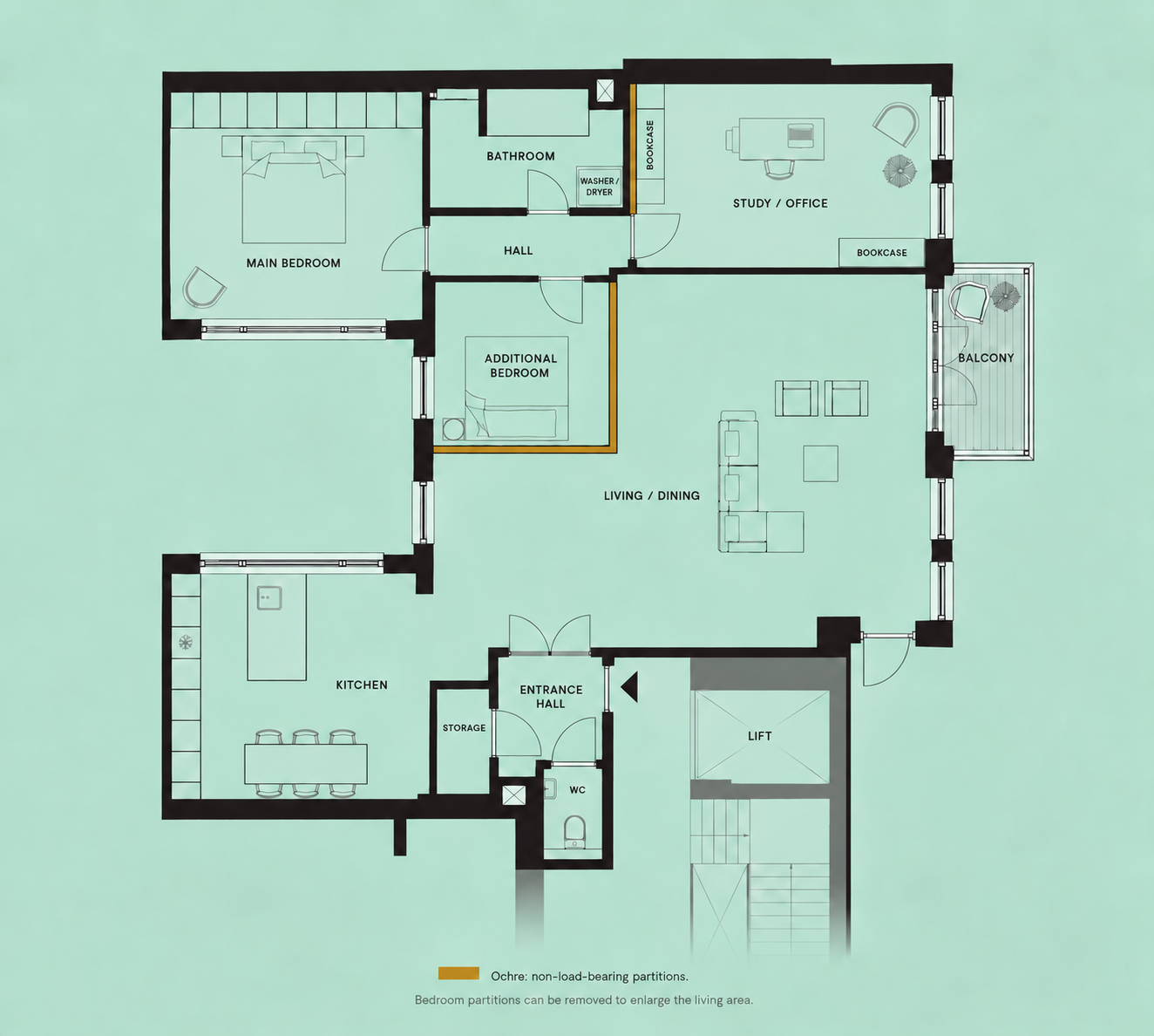 Current presentation floor plan, with non-load-bearing partitions highlighted in ochre