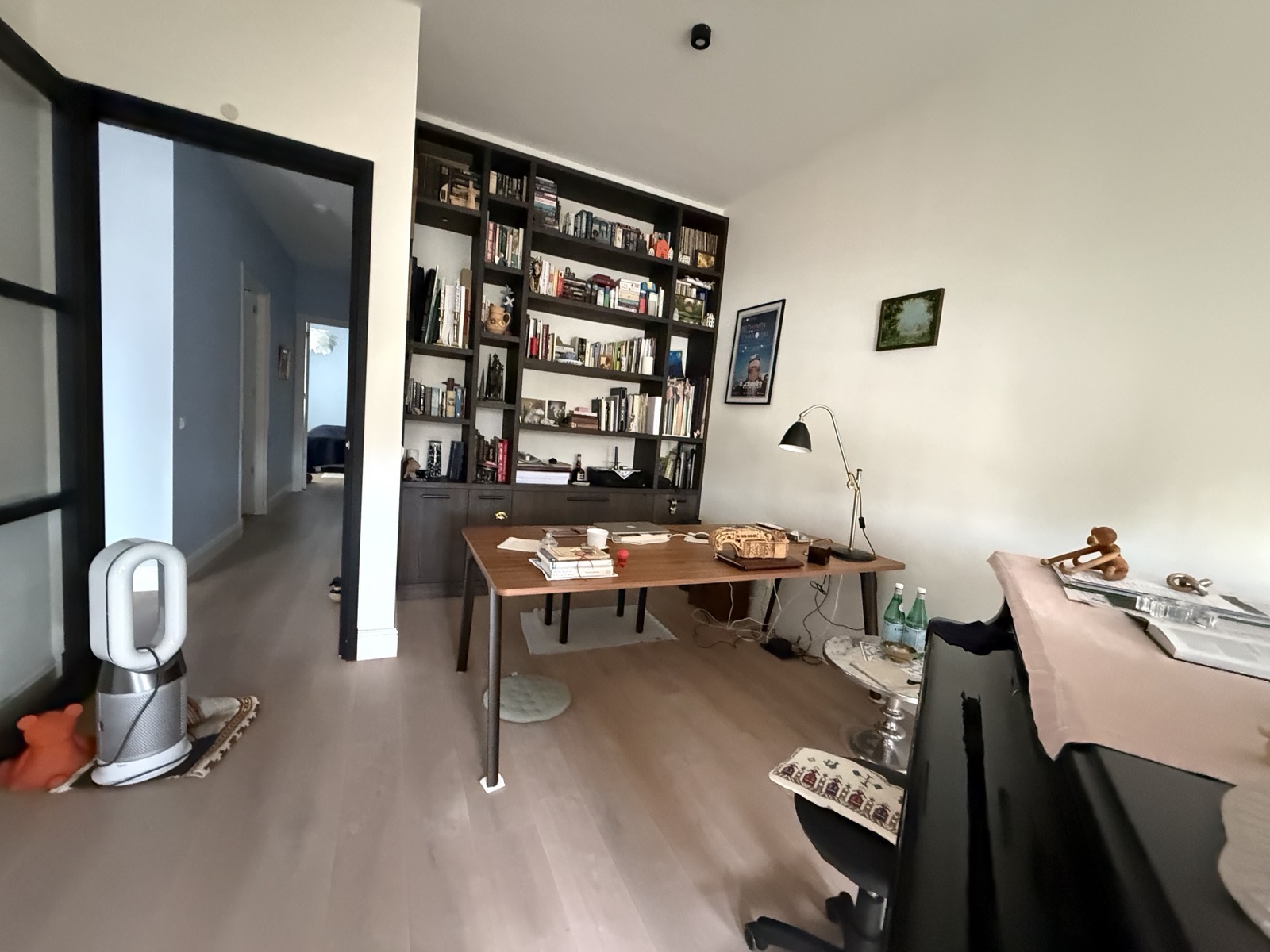 Study desk and full-width bookcase